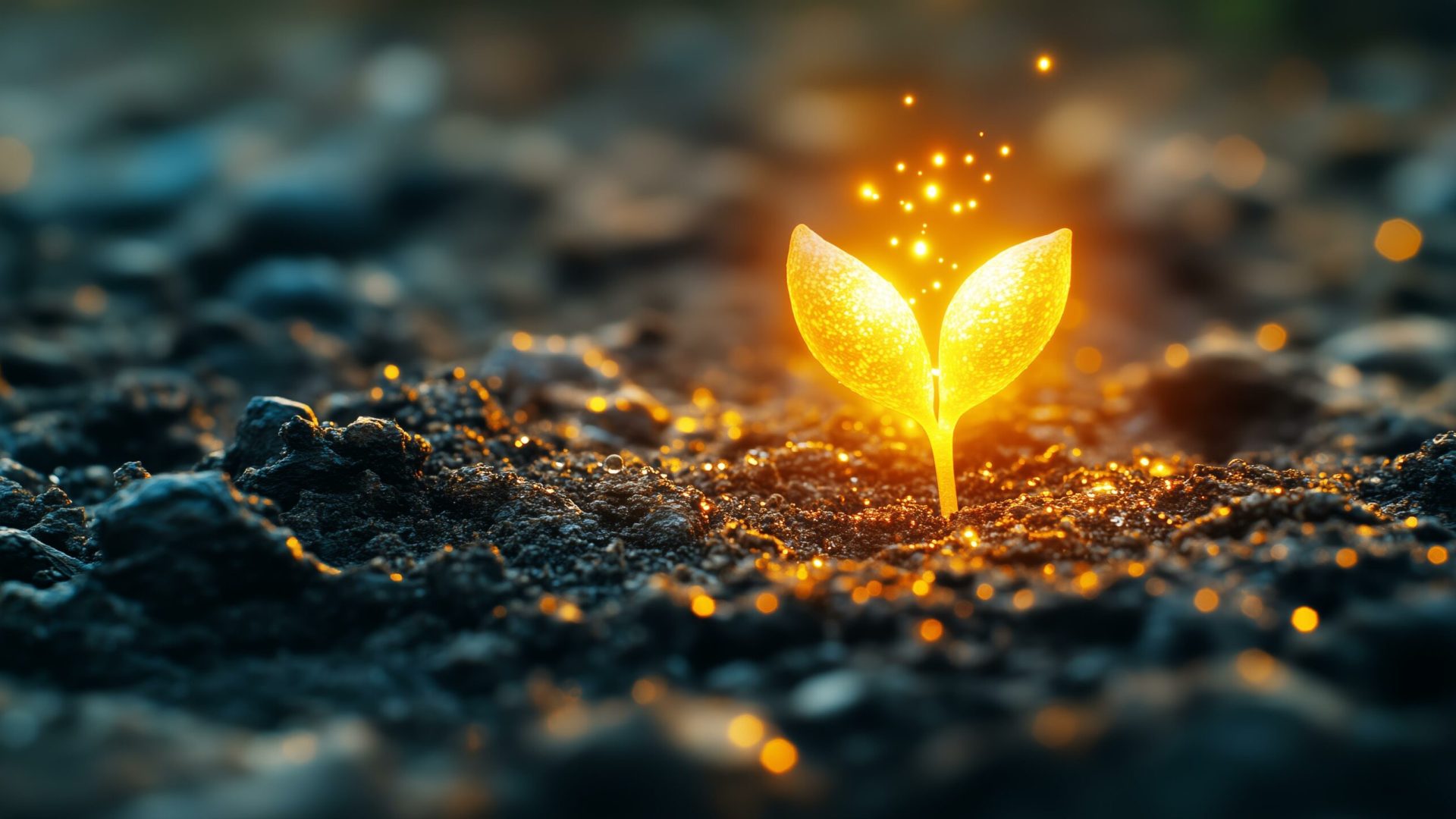 Glowing seedling emerging from soil with magical sparkles: nature and growth concept.