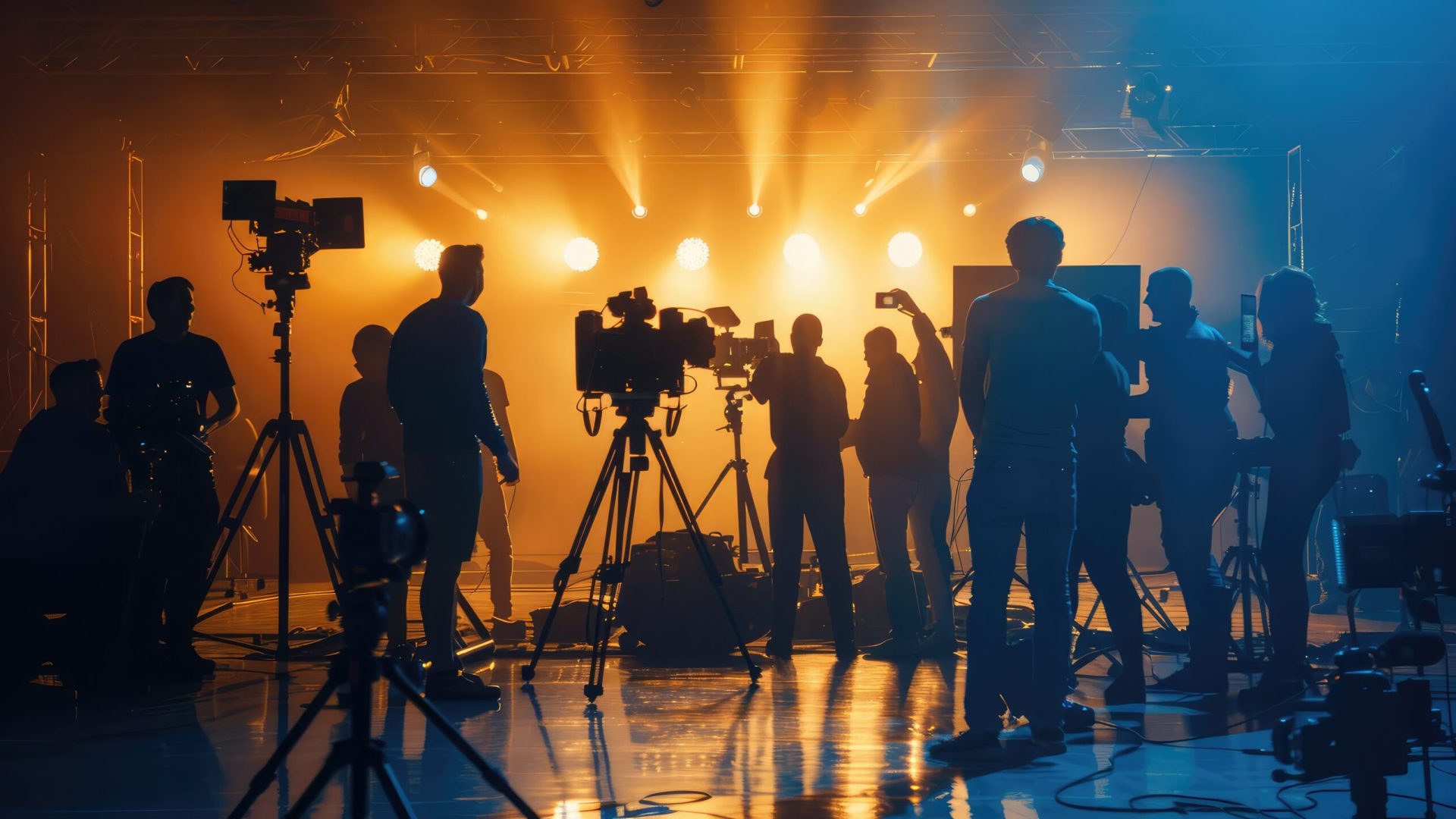 Silhouette images of video production behind the scenes making of TV commercial movie that film crew team light man and cameraman working together with film director in studio film production concept