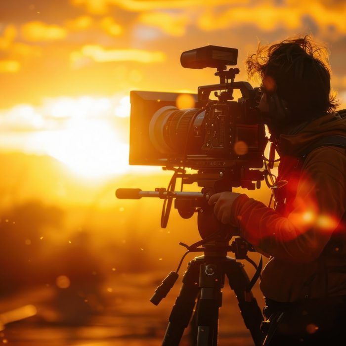 Silhouette of a filmmaker shooting at sunset with professional camera equipment, capturing golden hour light and scenic beauty Silhouette of a filmmaker shooting at sunset with professional camera equipment, capturing golden hour light and scenic beauty