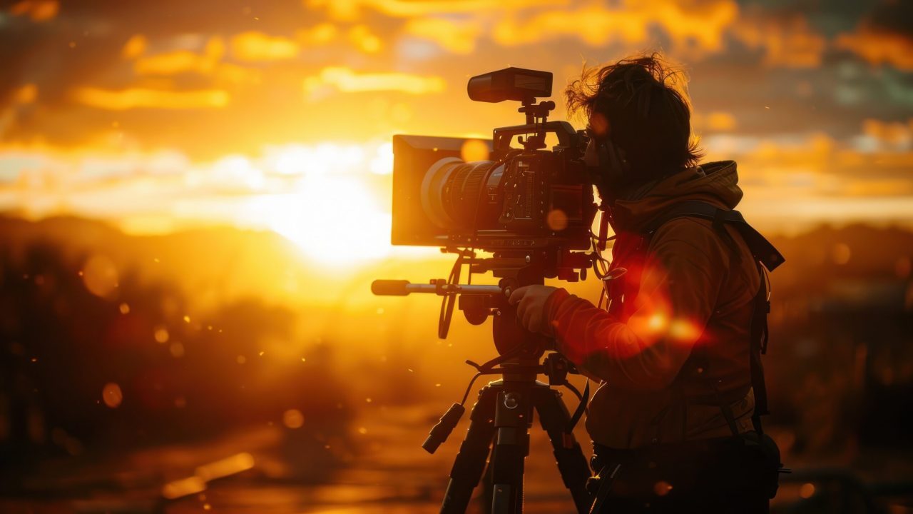 Silhouette of a filmmaker shooting at sunset with professional camera equipment, capturing golden hour light and scenic beauty
