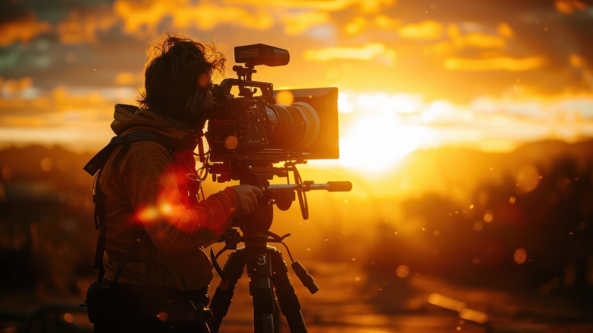 Silhouette of a filmmaker shooting at sunset with professional camera equipment, capturing golden hour light and scenic beauty